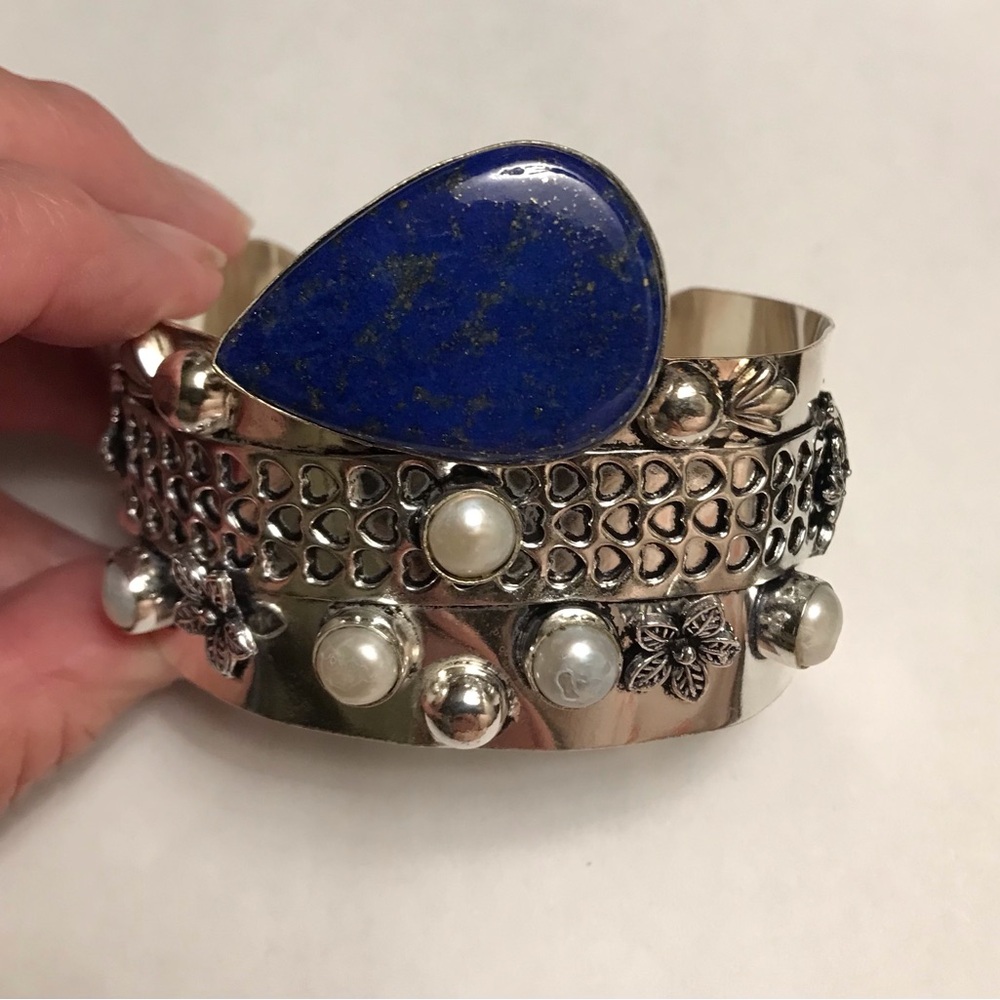 Lapis Lazuli Stamped Solid 925 Sterling Silver Cuff Bracelet